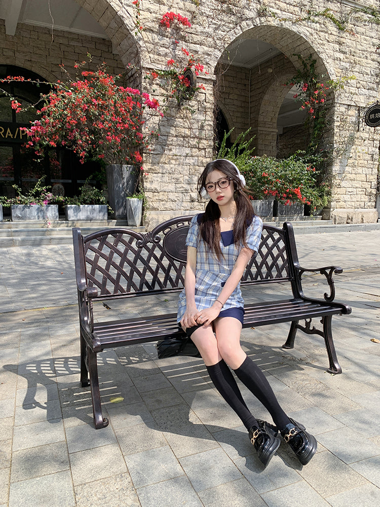 Navy Daydream Retro Plaid Dresses-ntbhshop