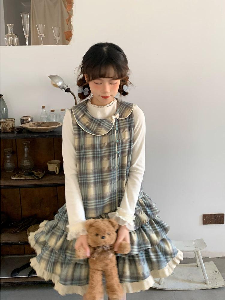 Butter Bloom Base Top & Check Cake Dress-Sets-ntbhshop