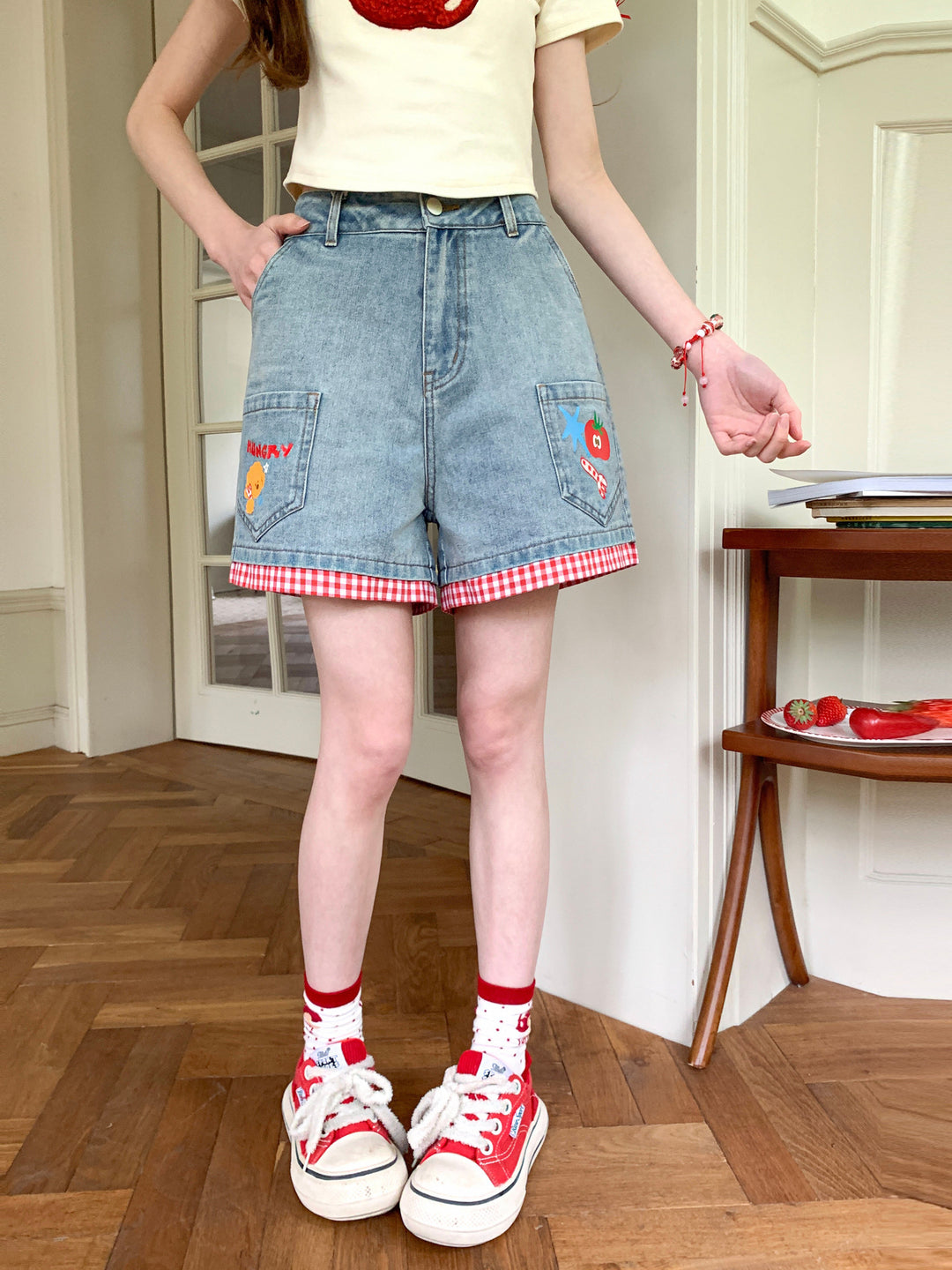Tomato Picnic Denim Shorts-Bottoms-ntbhshop