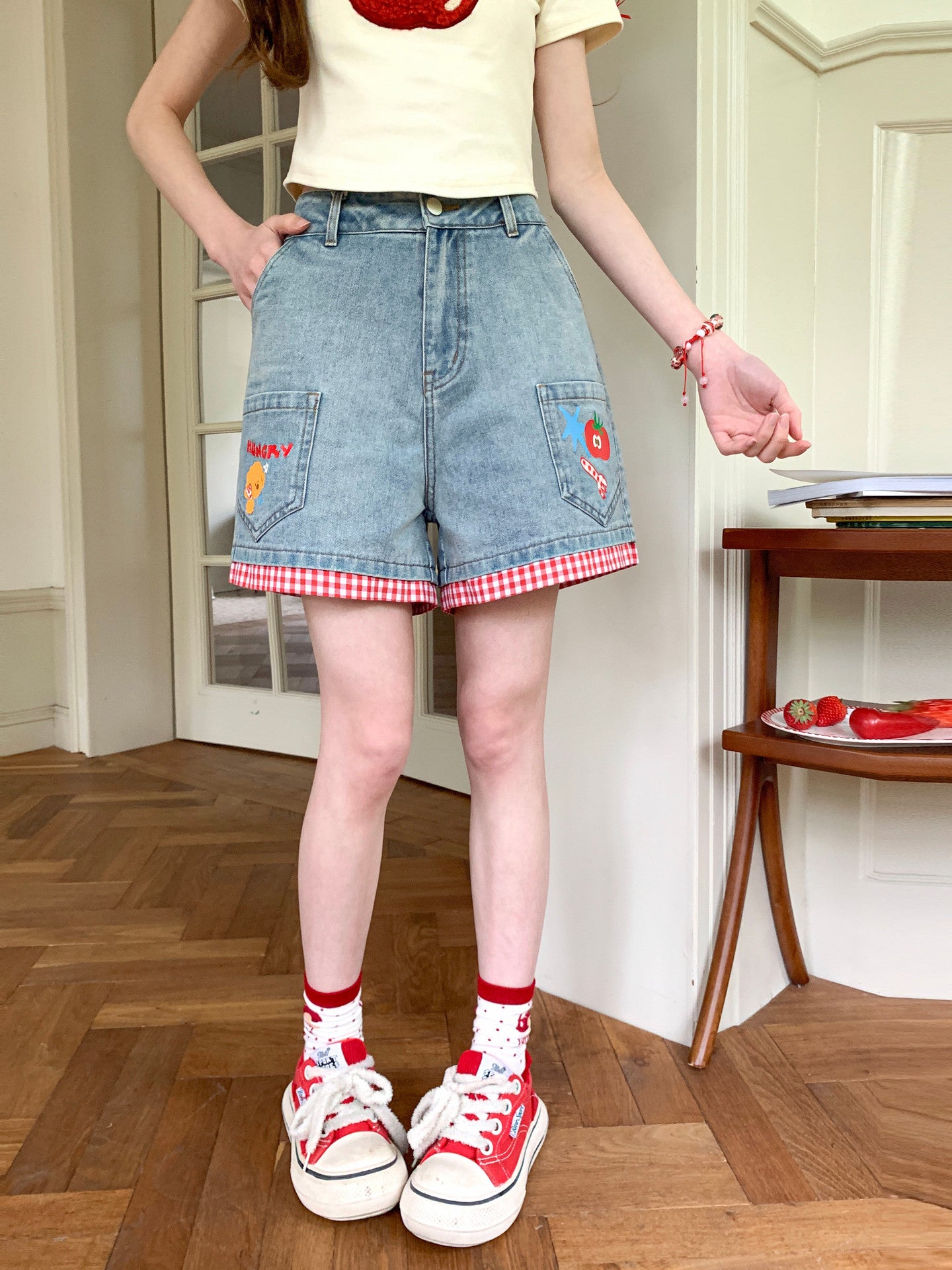 Tomato Picnic Denim Shorts-Bottoms-ntbhshop