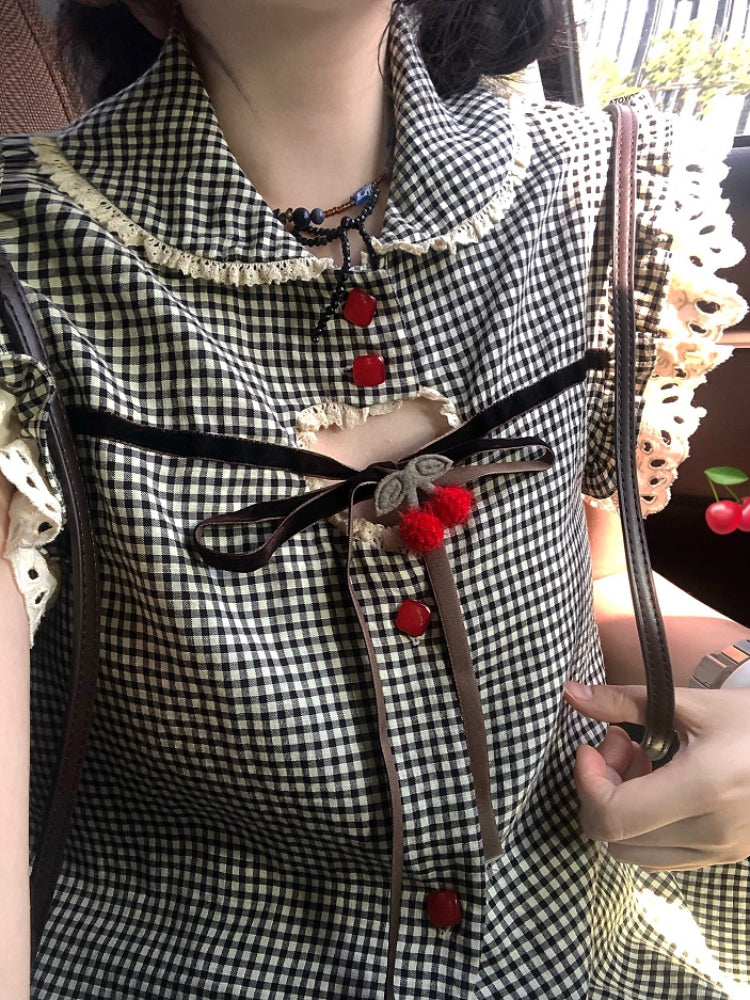 Cherry Pop Fairy Sleeve Gingham Blouses-ntbhshop
