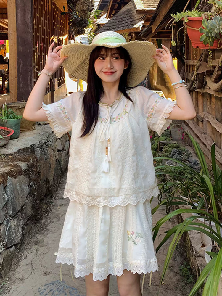 Pastoral Breeze Lace Blouse & Skirt-Sets-ntbhshop