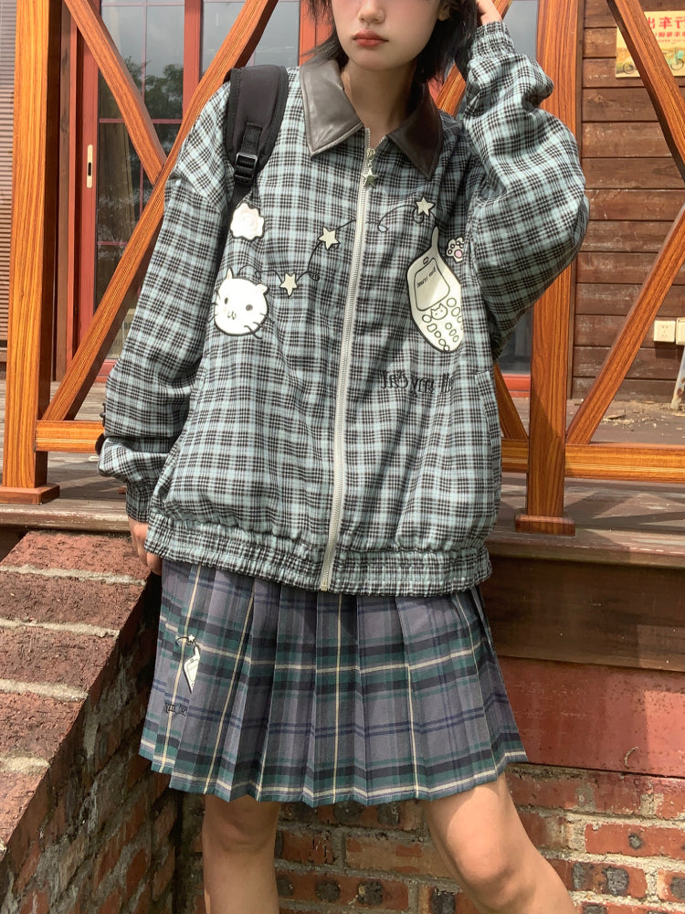 Call My Cat Leather Collar Plaid Jacket-ntbhshop