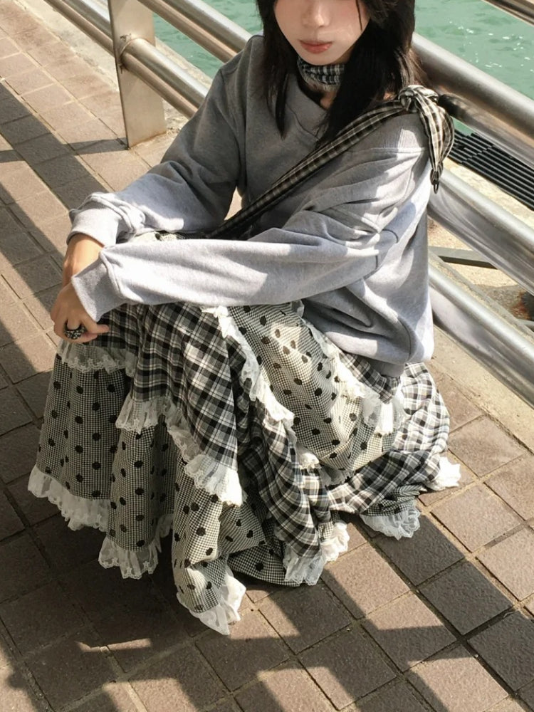 Black Sesame Plaid Lace Maxi Skirt-ntbhshop