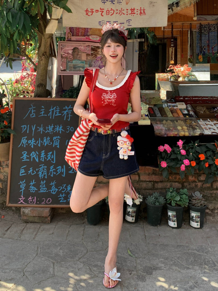 Cherry Ribbon Lace Tank Tops-Tops-ntbhshop