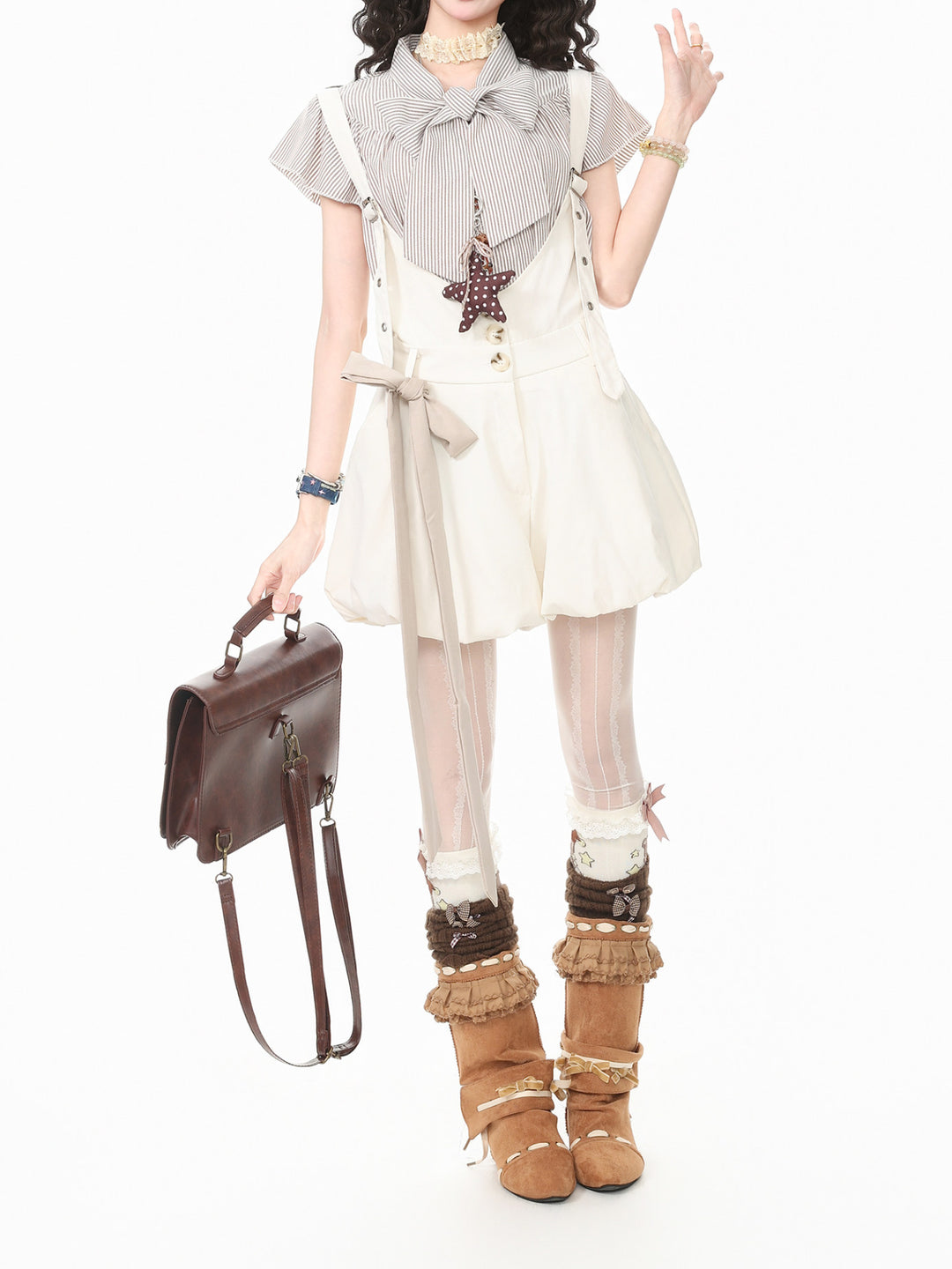 Vanilla Latte Stripe Blouse & Overall Shorts-Sets-ntbhshop