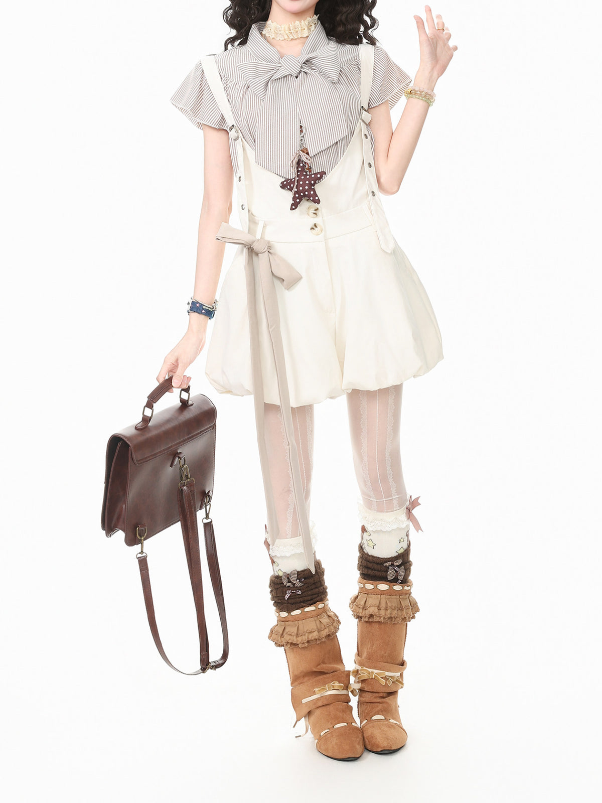 Vanilla Latte Stripe Blouse & Overall Shorts-Sets-ntbhshop