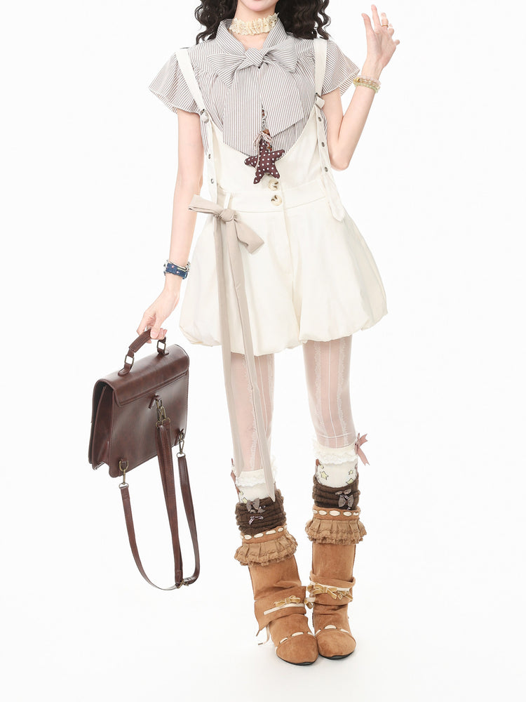 Vanilla Latte Stripe Blouse & Overall Shorts-Sets-ntbhshop