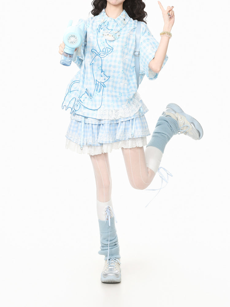 Kitty Twirly Plaid Shirts-Tops-ntbhshop