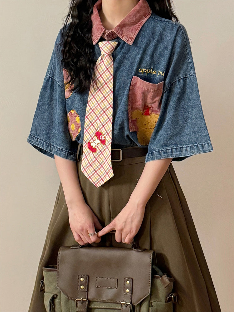 Apple Patchwork Denim Tie Shirts-Tops-ntbhshop