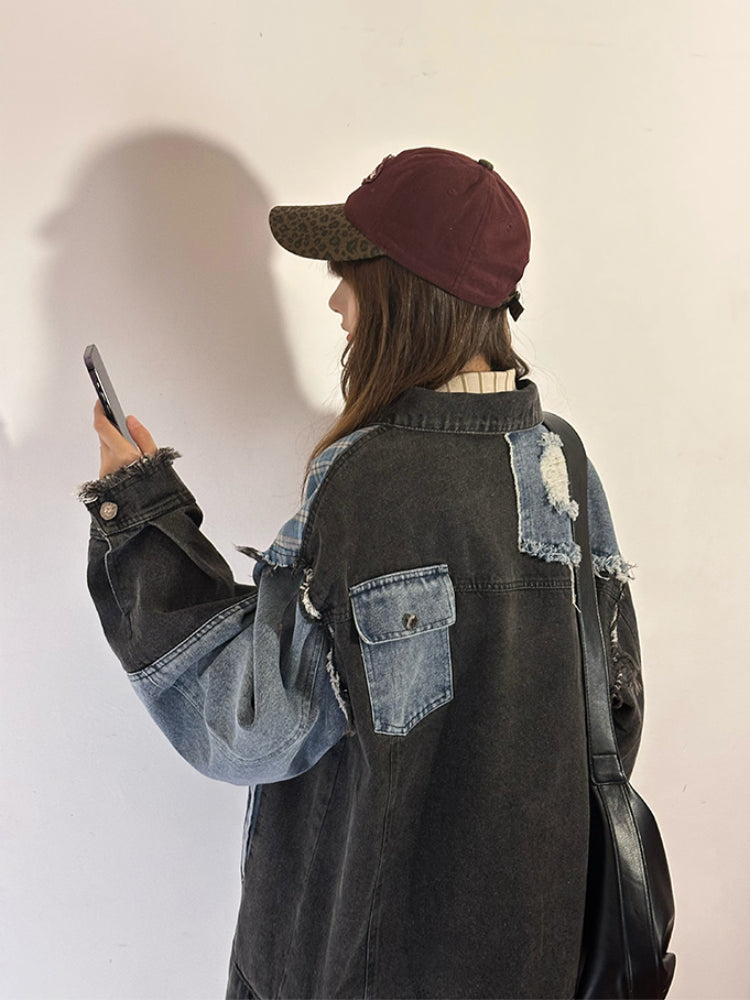 Plaid Clash Denim Patch Jacket-ntbhshop