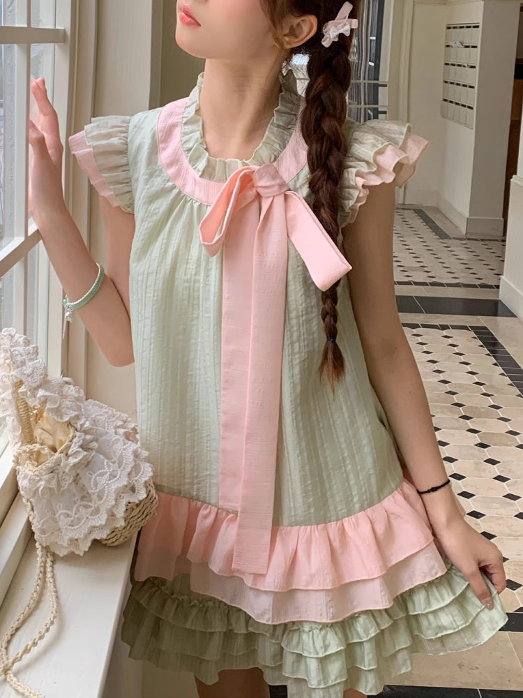 Matcha Sakura Fairy Sleeve Blouse & Cake Skirt-ntbhshop