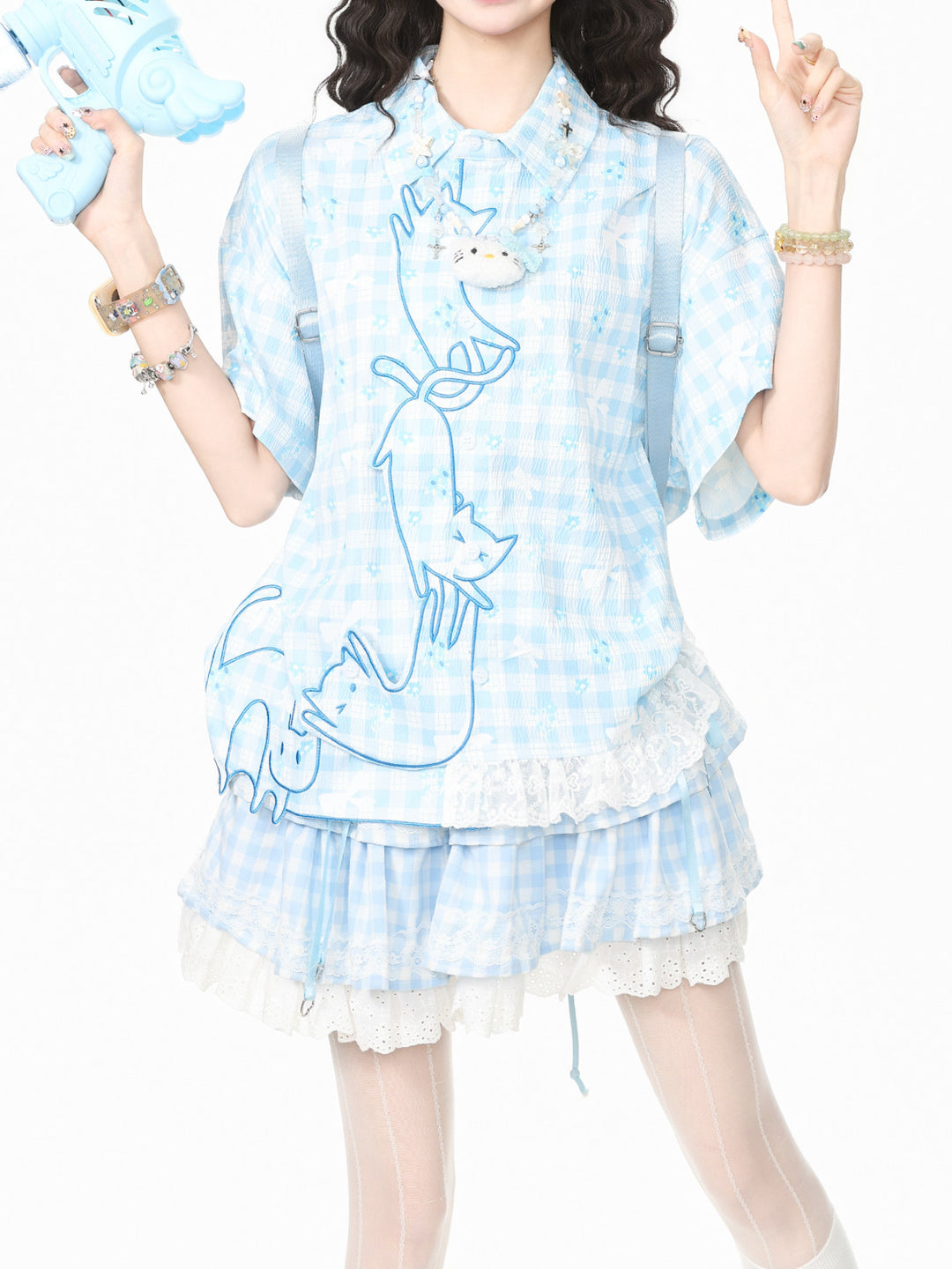 Kitty Twirly Plaid Shirts-Tops-ntbhshop