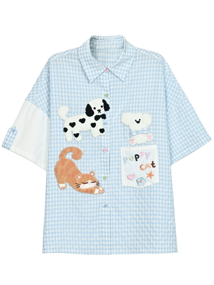 Puppy Cat Party Blue Plaid Short-Sleeve Shirt-ntbhshop