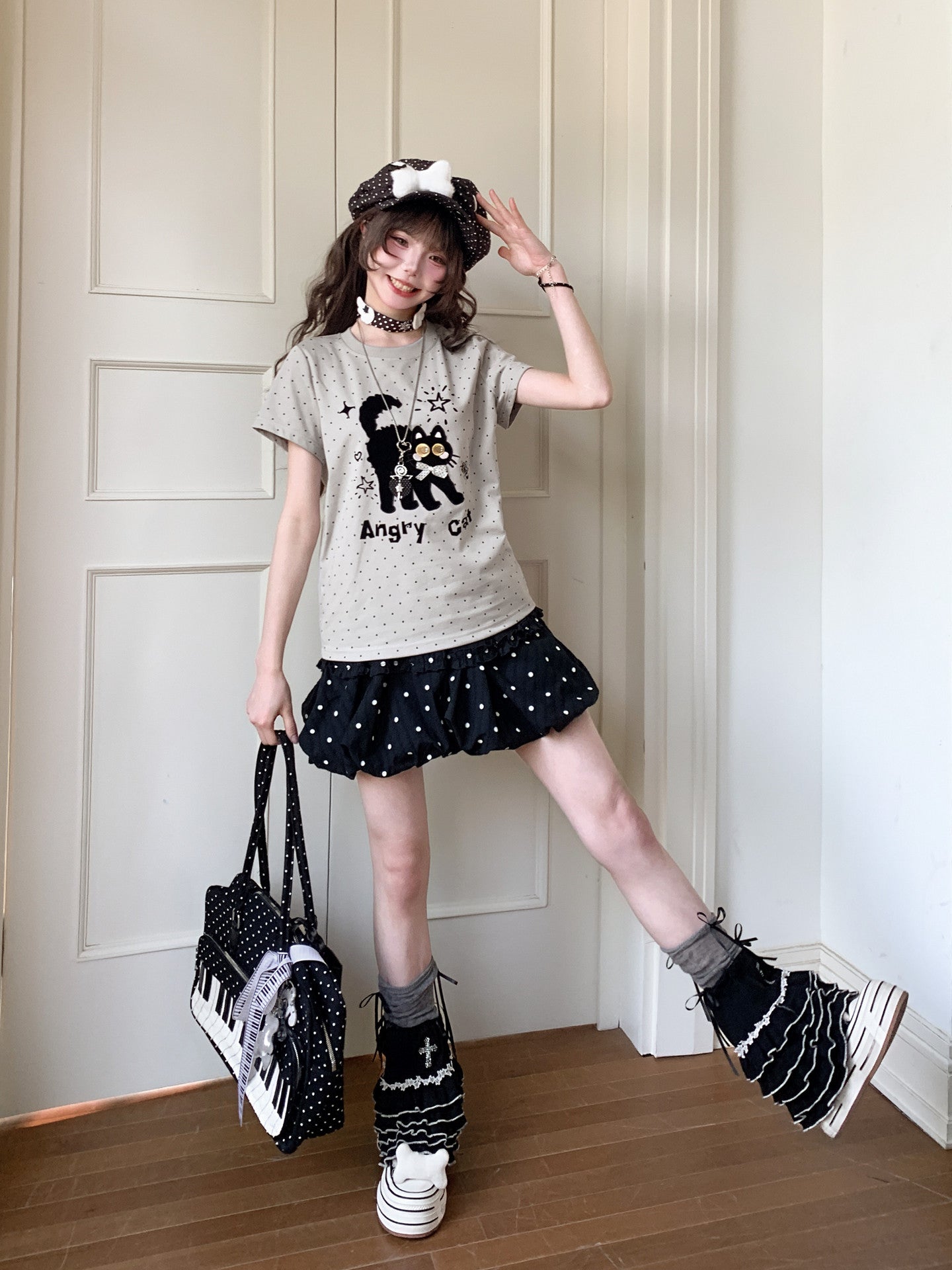 Angry Cat Polka Tee-Tops-ntbhshop
