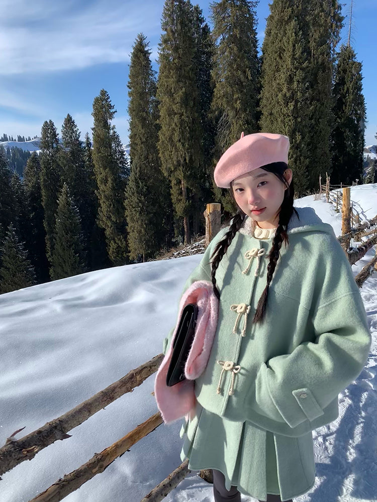 Mint Cloud Woolen Jacket & Pleated Skirt-ntbhshop