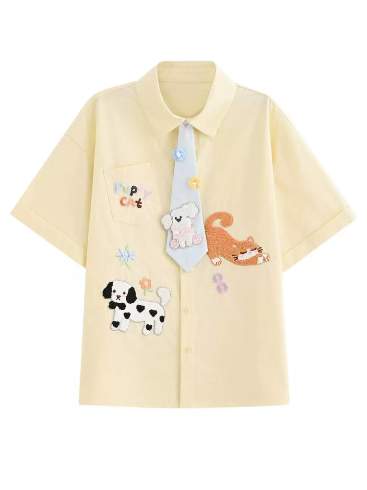 Puppy Party Cotton Tie Shirts-Tops-ntbhshop