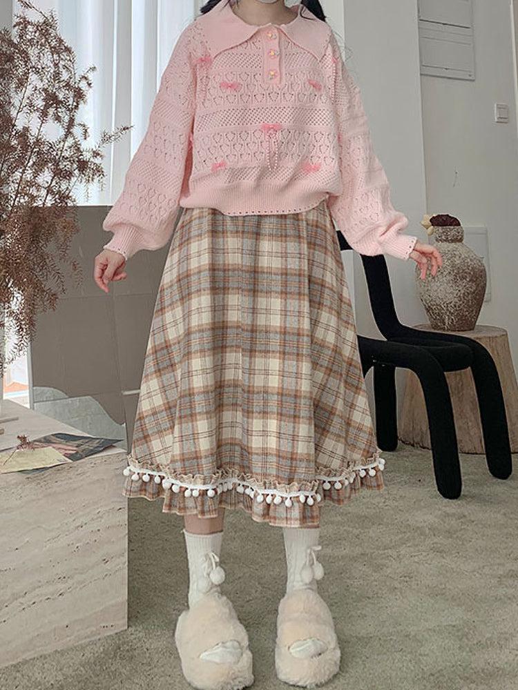 Autumn Plaid Pompom Midi Skirt-ntbhshop