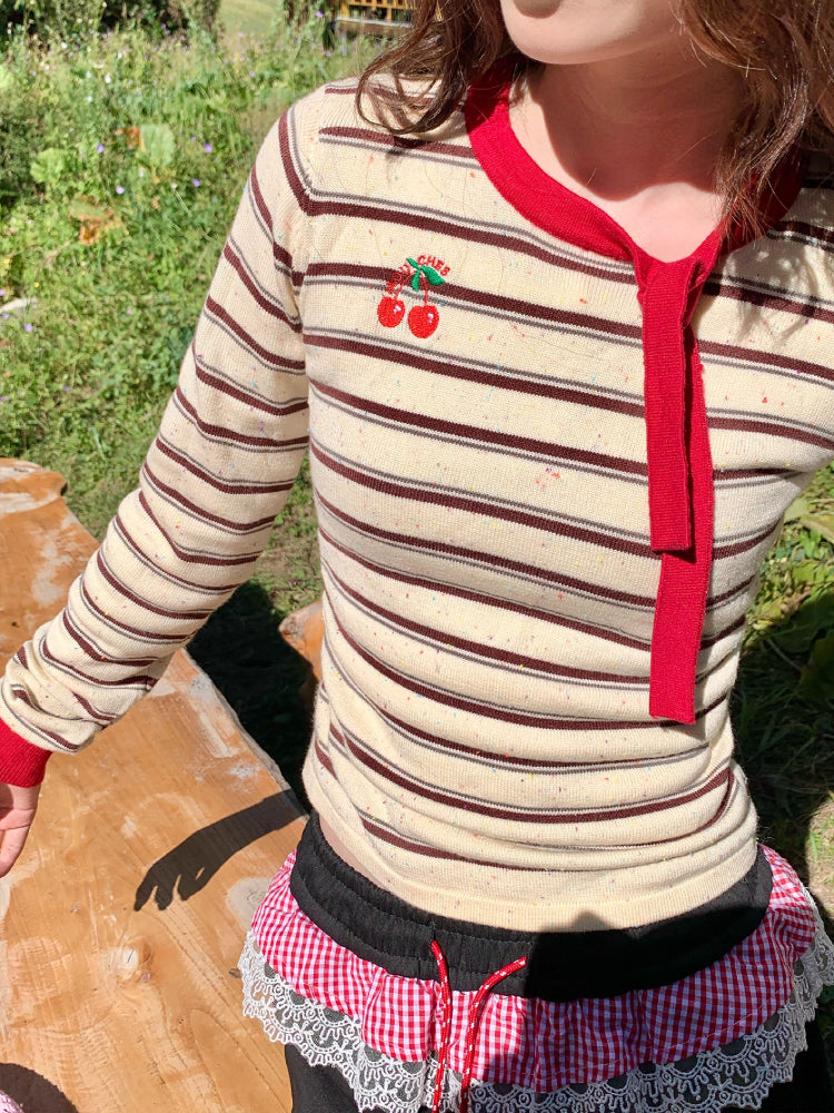 Cherry Cherry Stripe Slim Knit Tops-ntbhshop