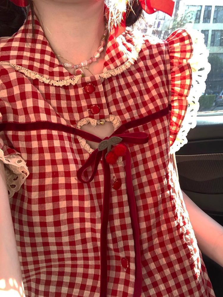 Cherry Pop Fairy Sleeve Gingham Blouses-ntbhshop