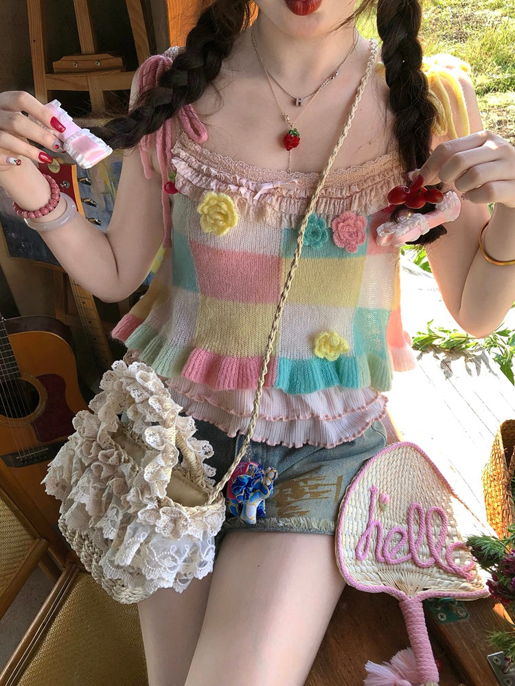 Candy Patch Checkered Flower Knit Vests-ntbhshop