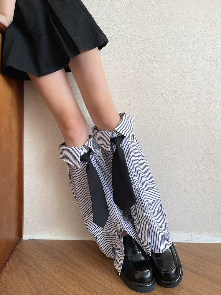 Striped Tie Collar Button Up Leg Sleeves-ntbhshop