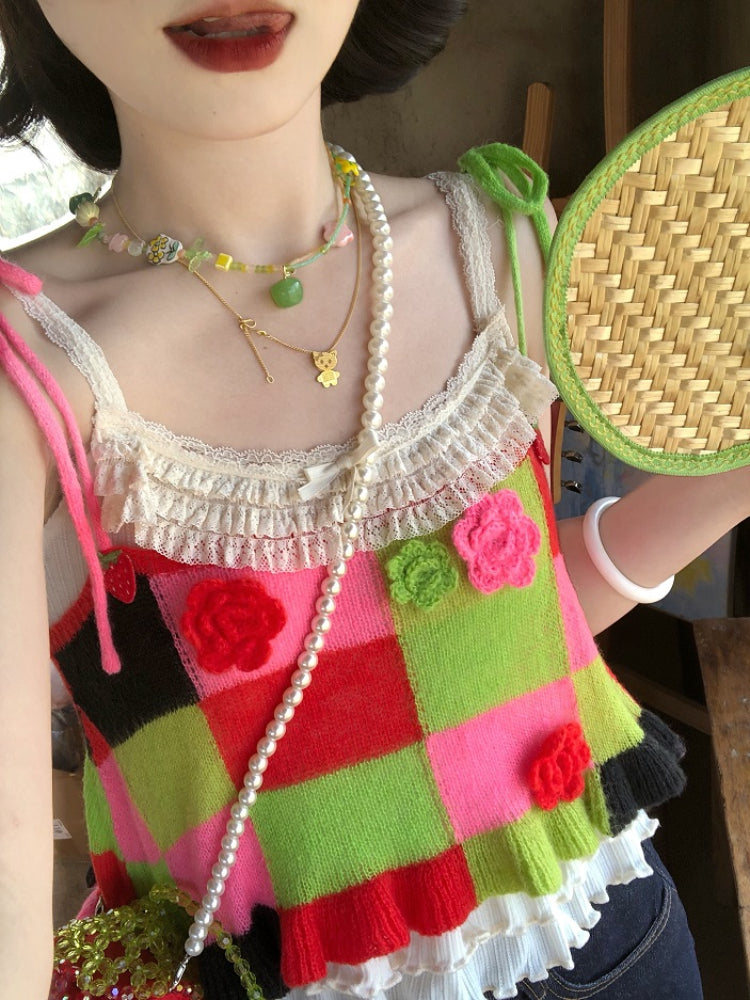 Candy Patch Checkered Flower Knit Vests-ntbhshop