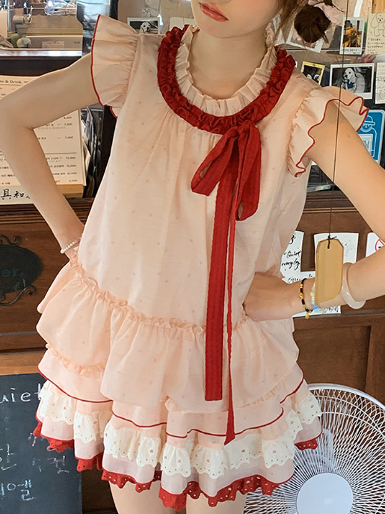 Watermelon Splash Fairy Sleeve Blouse & Cake Skirt-ntbhshop