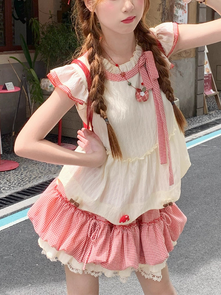 Mushroom Homie Fairy Sleeve Blouse & Plaid Puff Skirt-ntbhshop