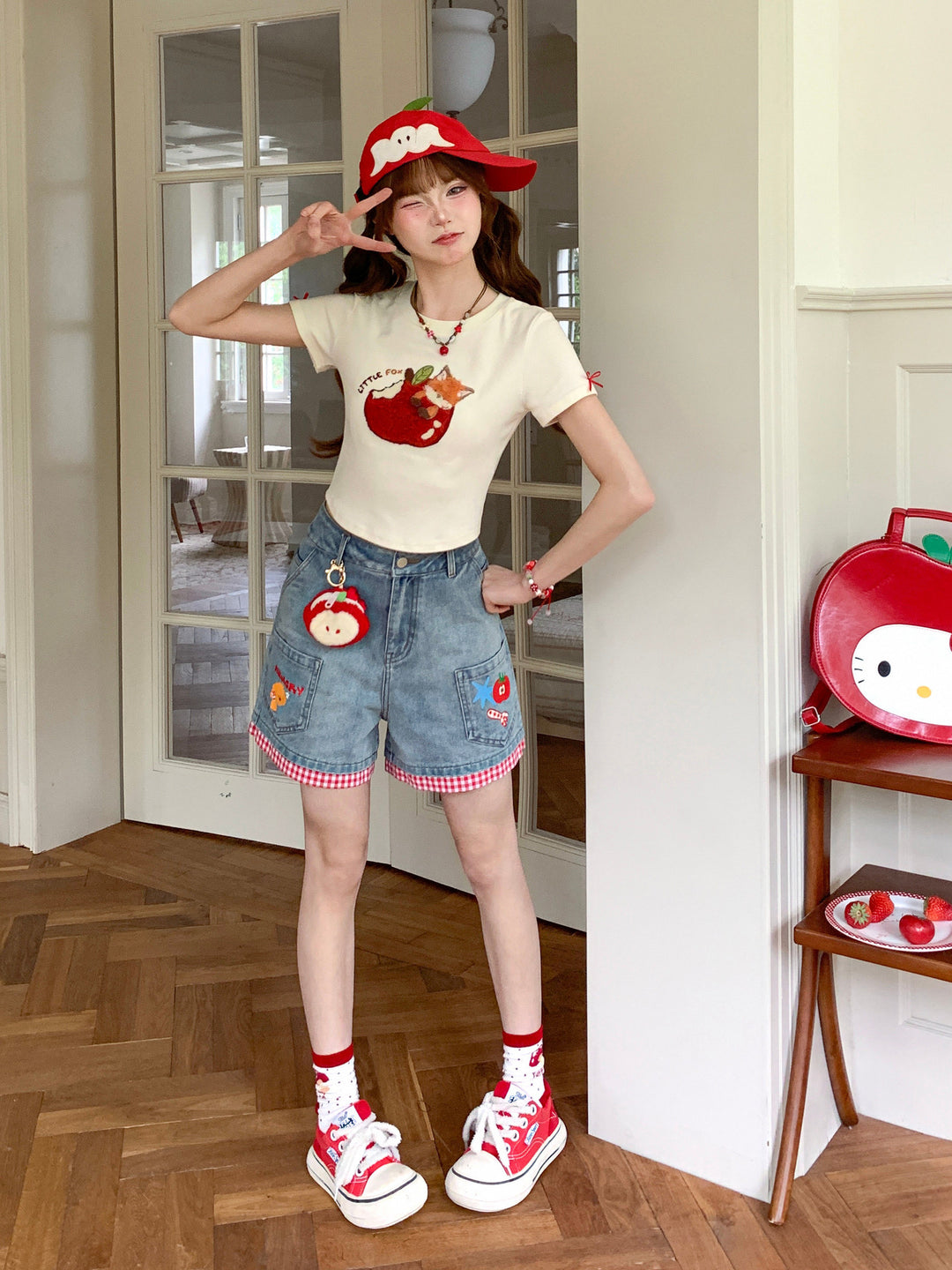 Tomato Picnic Denim Shorts-Bottoms-ntbhshop