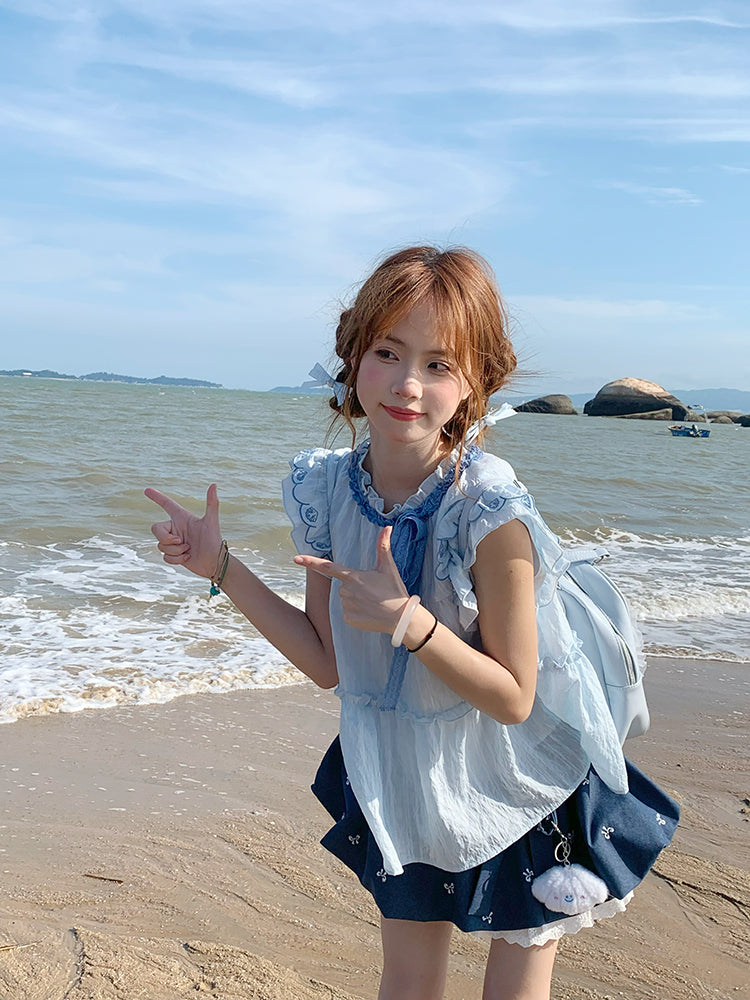 Ocean Whisper Fairy Sleeve Blouse, Dress & Denim Skirt-ntbhshop