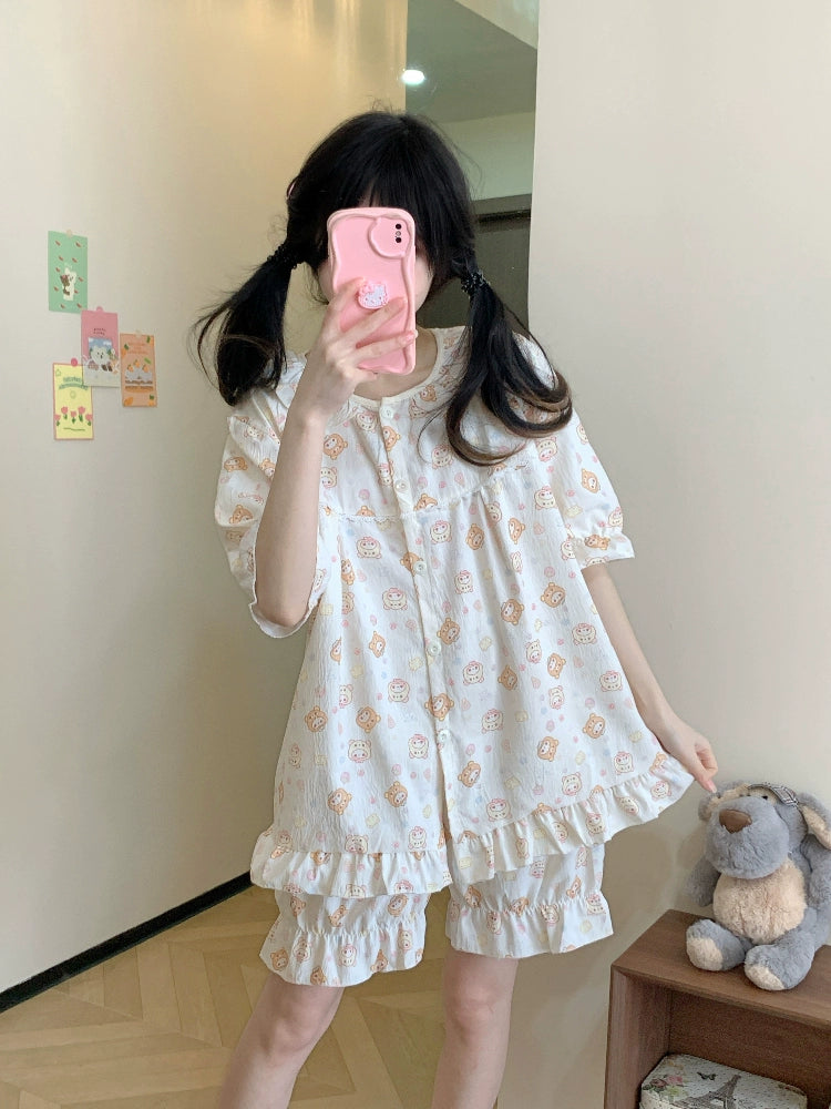 Strawberry Bear Puff Sleeve Pajamas Set-ntbhshop