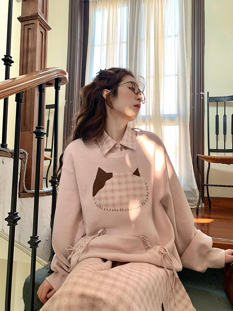 Milk Tea Cat Sweatshirt & Plaid Skirt-ntbhshop