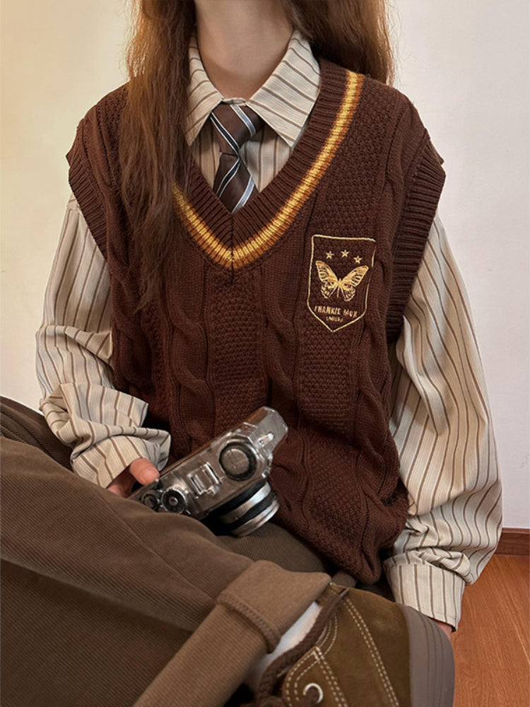 Butterfly Crest Cable Knit Vests-Tops-ntbhshop