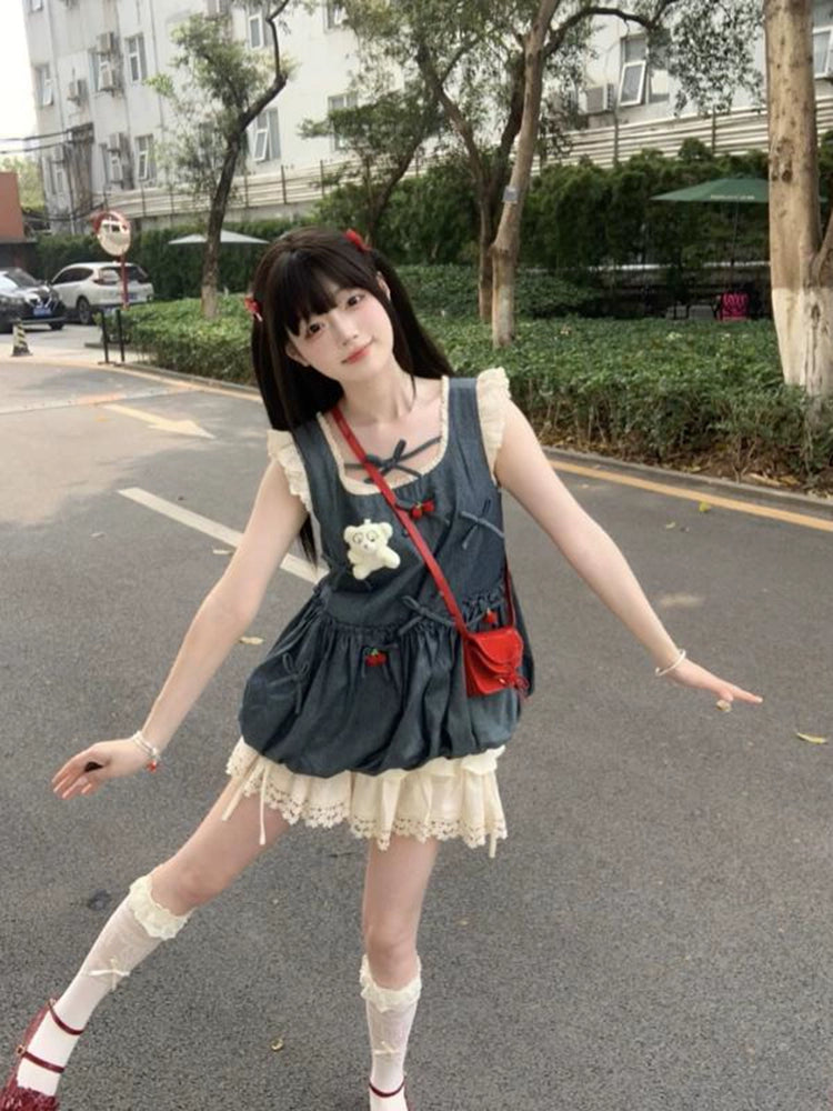 Cherry Pop Princess Denim Blouse & Snowlace Skirt Set-ntbhshop