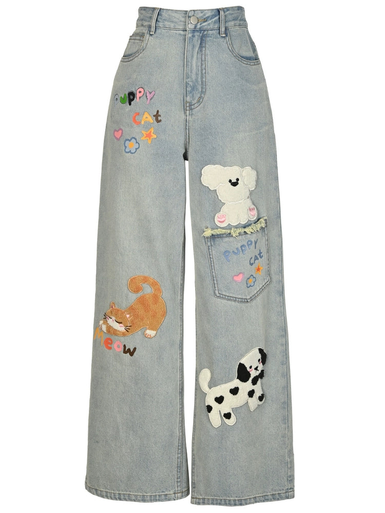 Puppy Cat Party Patch Jeans-Sets-ntbhshop