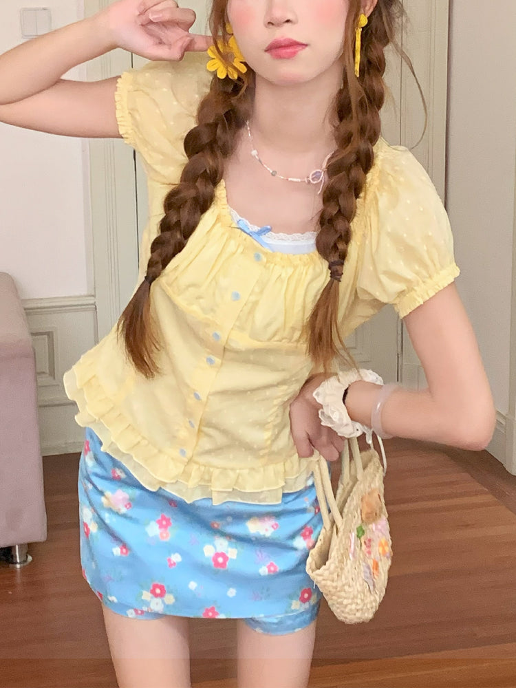 Lemonade Puff Sleeve Blouse & Mini Skirt-ntbhshop