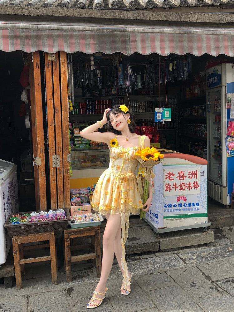 Sunflower Lace-Up Back Summer Dress-ntbhshop