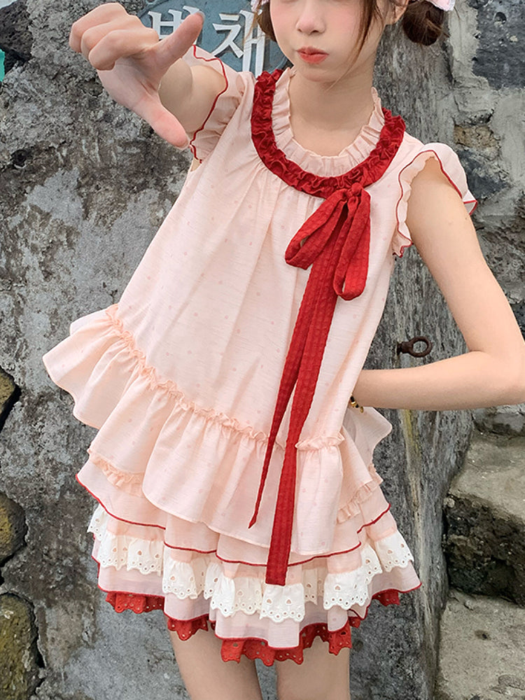 Watermelon Splash Fairy Sleeve Blouse & Cake Skirt-ntbhshop