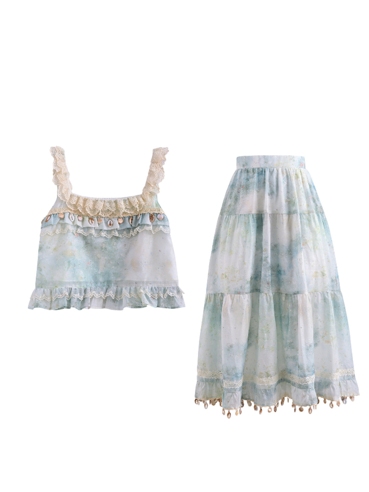 Seafoam Gauze Crop Top & Skirt-Sets-ntbhshop