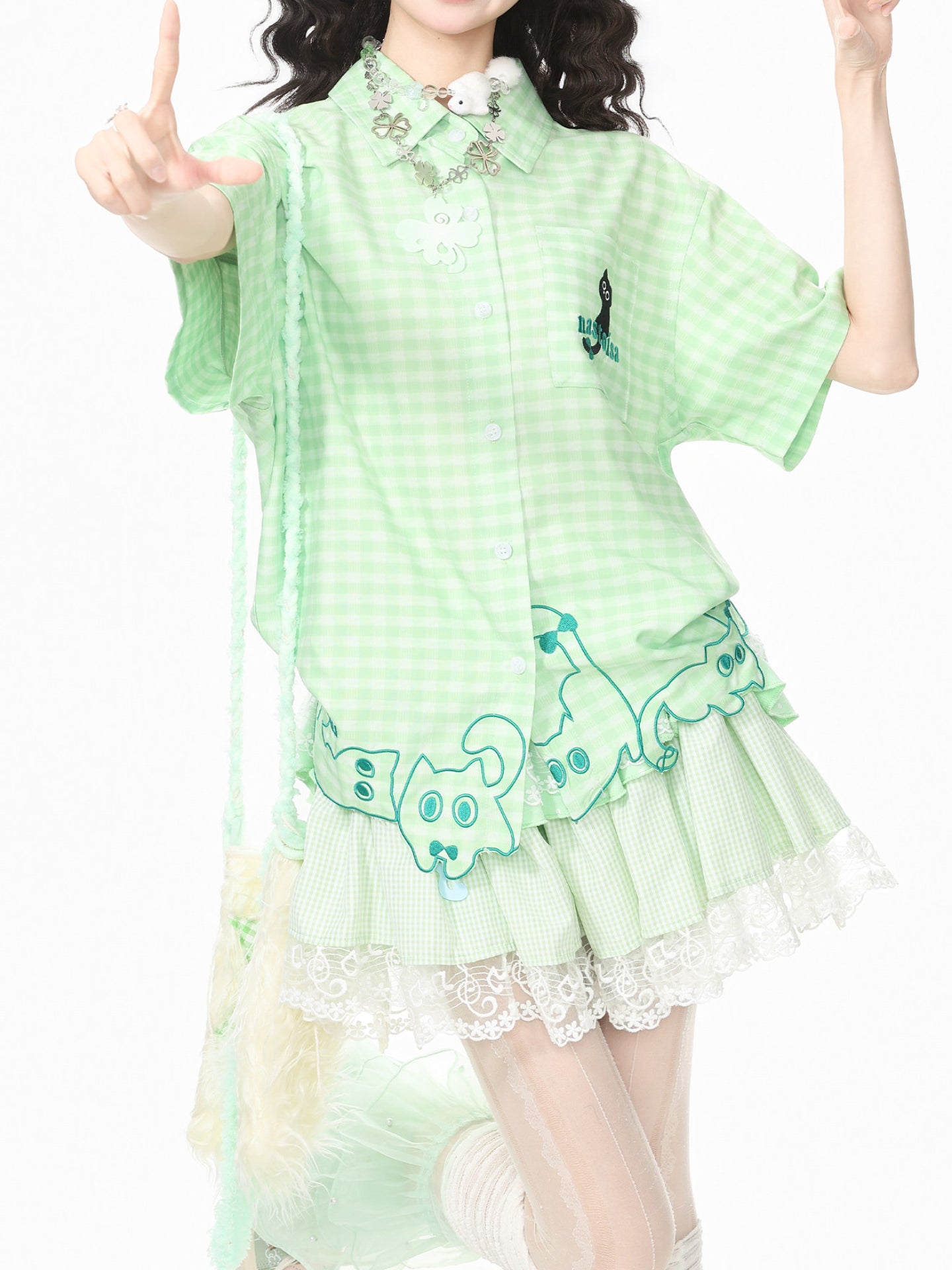 Whimsy Kitty Gingham Shirts-Tops-ntbhshop