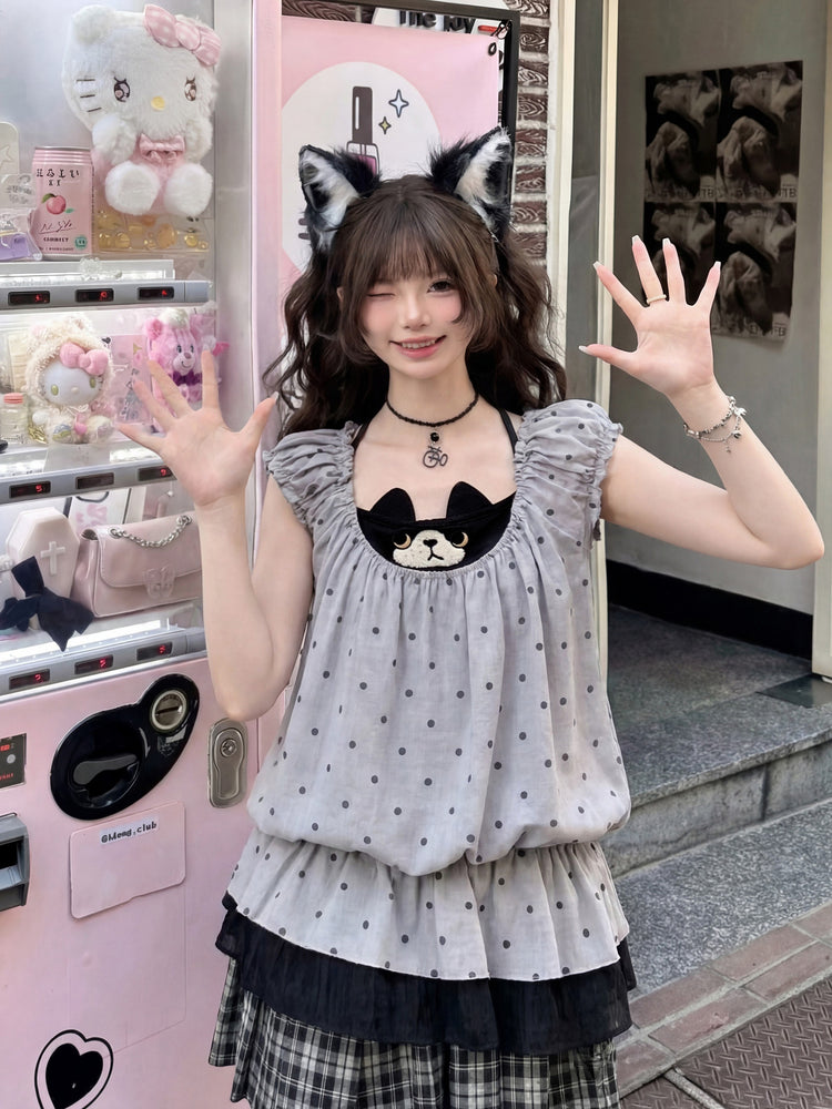Milk Cat Halter Dress-Tops-ntbhshop