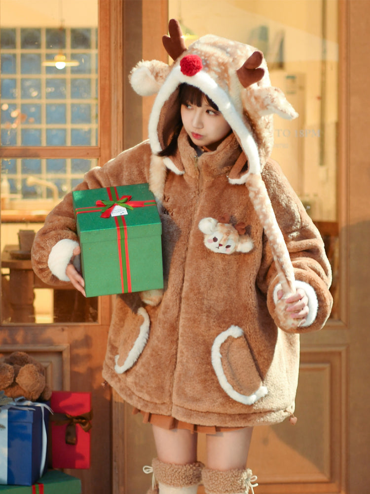 Christmas Sika Deer Hooded Fleece Jacket-ntbhshop