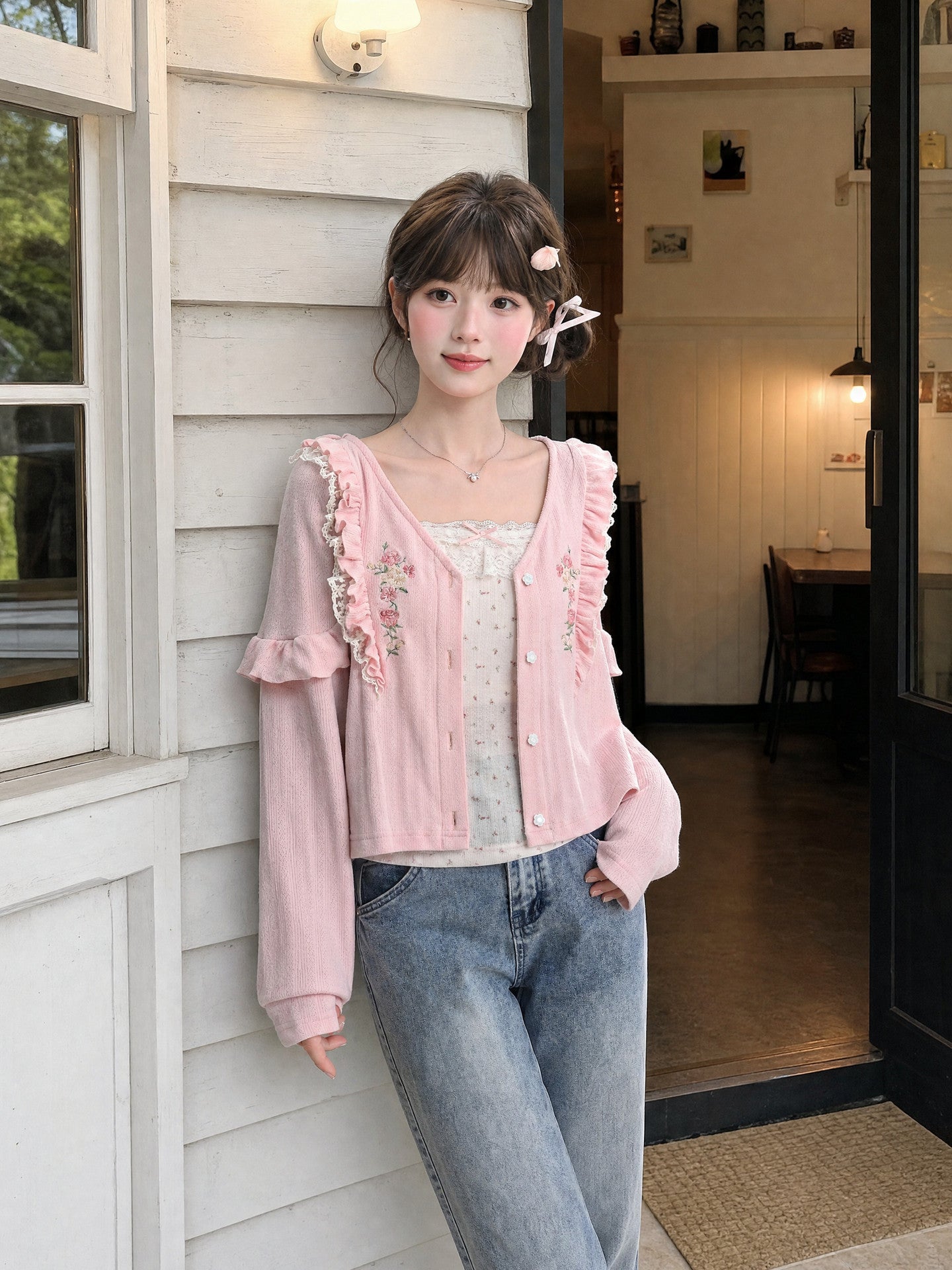 Rosy Bloom Ruffle Cardigan-Outerwear-ntbhshop