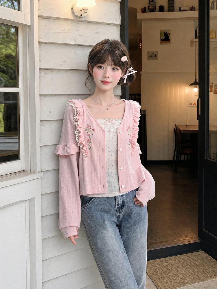 Rosy Bloom Ruffle Cardigan-Outerwear-ntbhshop