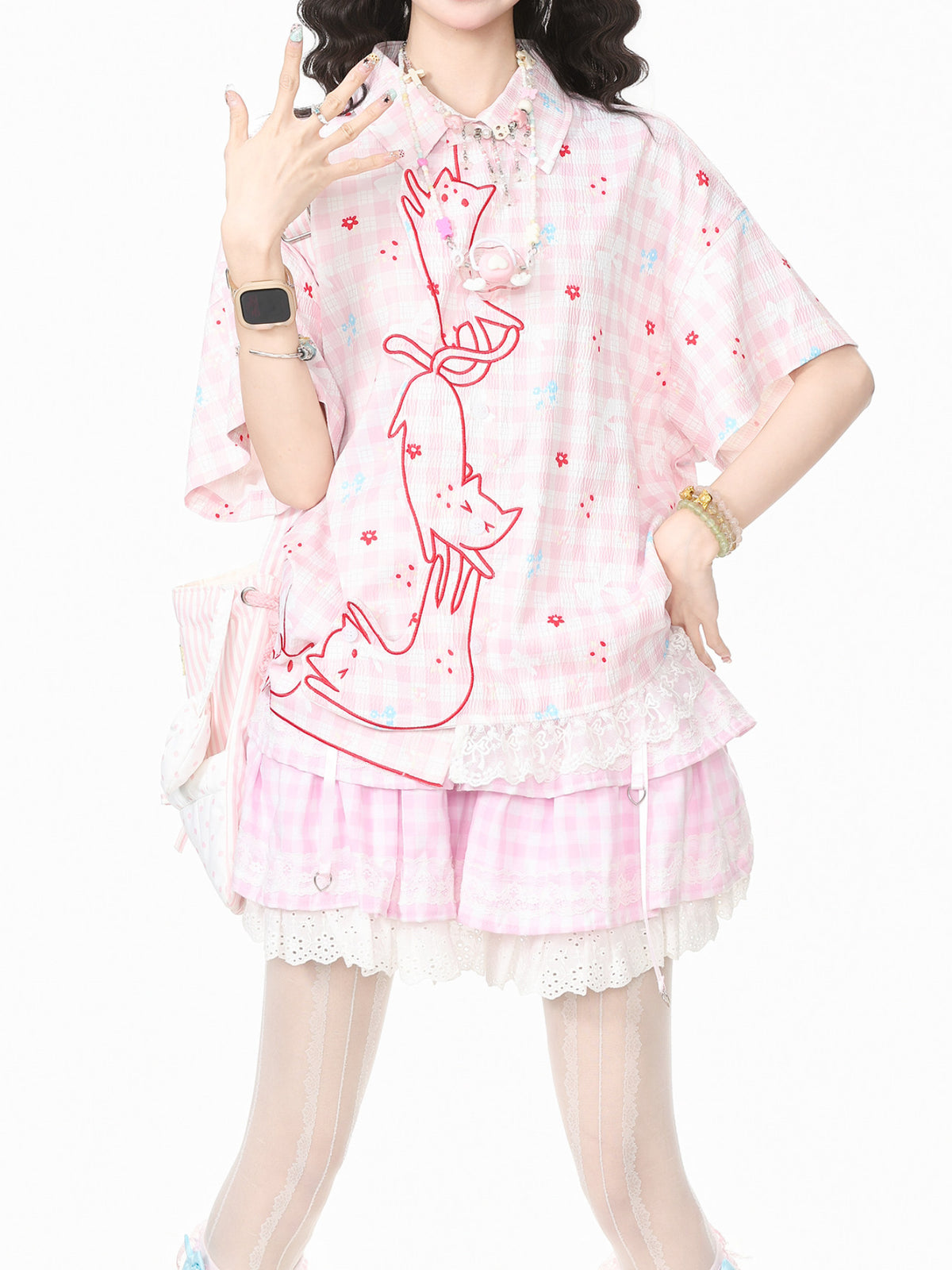 Kitty Twirly Plaid Shirts-Tops-ntbhshop