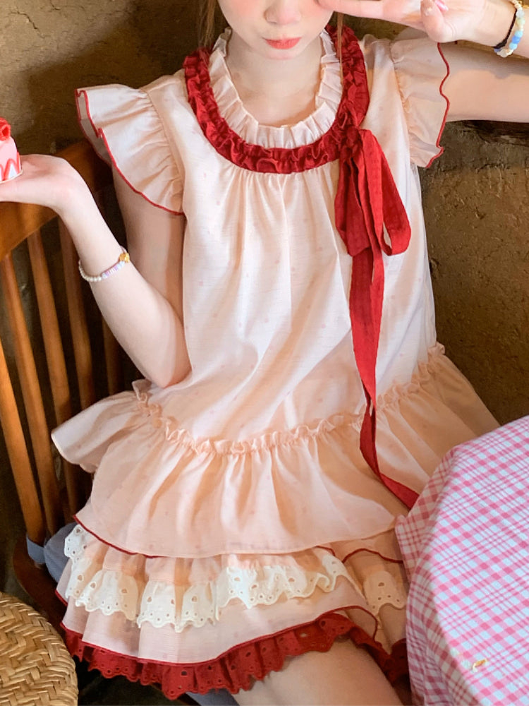 Watermelon Splash Fairy Sleeve Blouse & Cake Skirt-ntbhshop