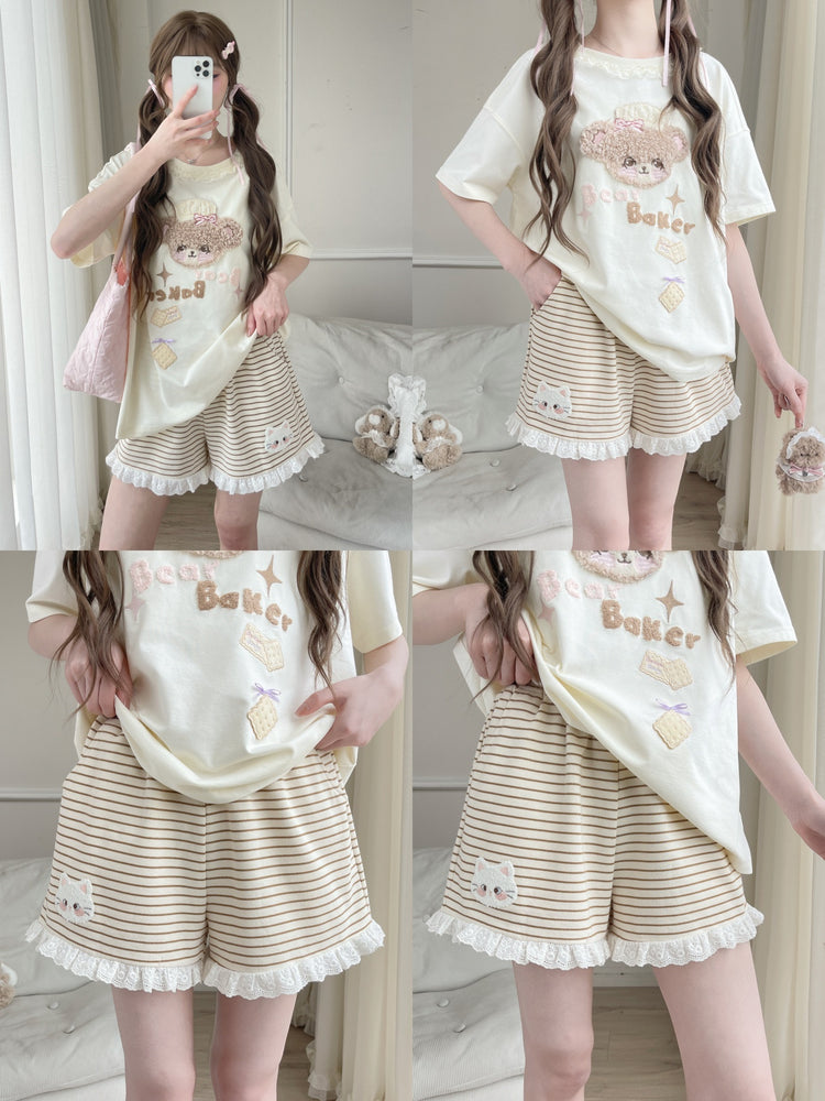 Kitty Stripe Lounge Shorts-Bottoms-ntbhshop