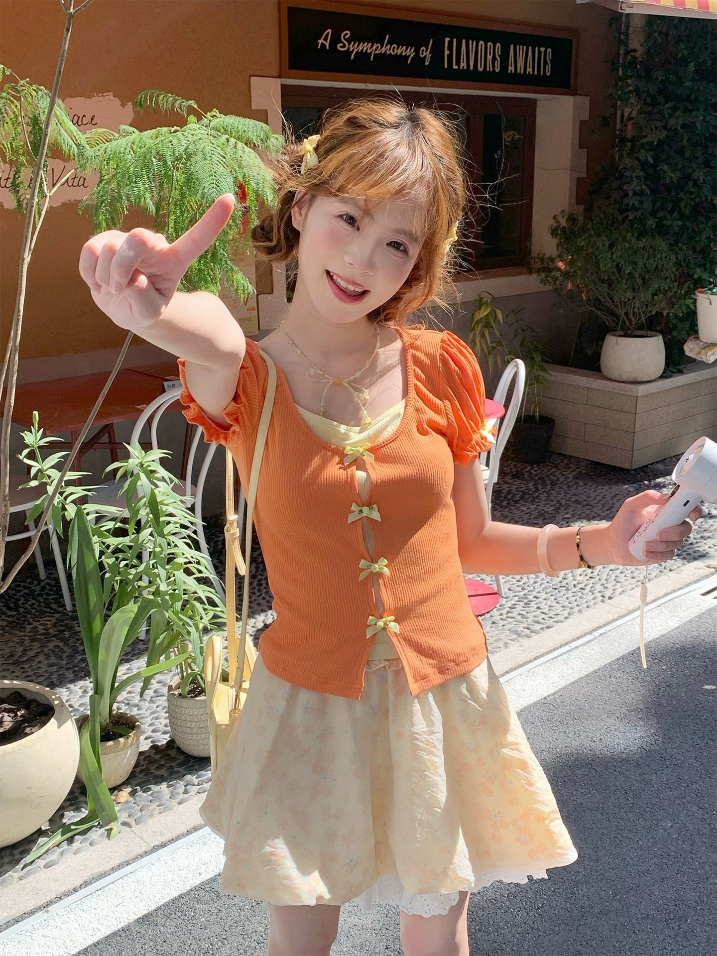 Citrus Pop Ribbed Puff Top & Bubble Texture Skirt-ntbhshop