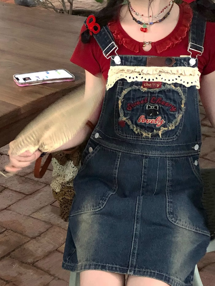 Sweet Cherry Denim Dungaree Dresses-ntbhshop